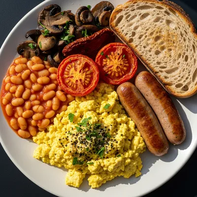 Vegan English Breakfast with Oven-Dried Tomatoes