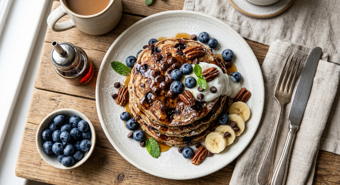 Vegan Chocolate Chip Blueberry Banana Multi-Grain Pancakes