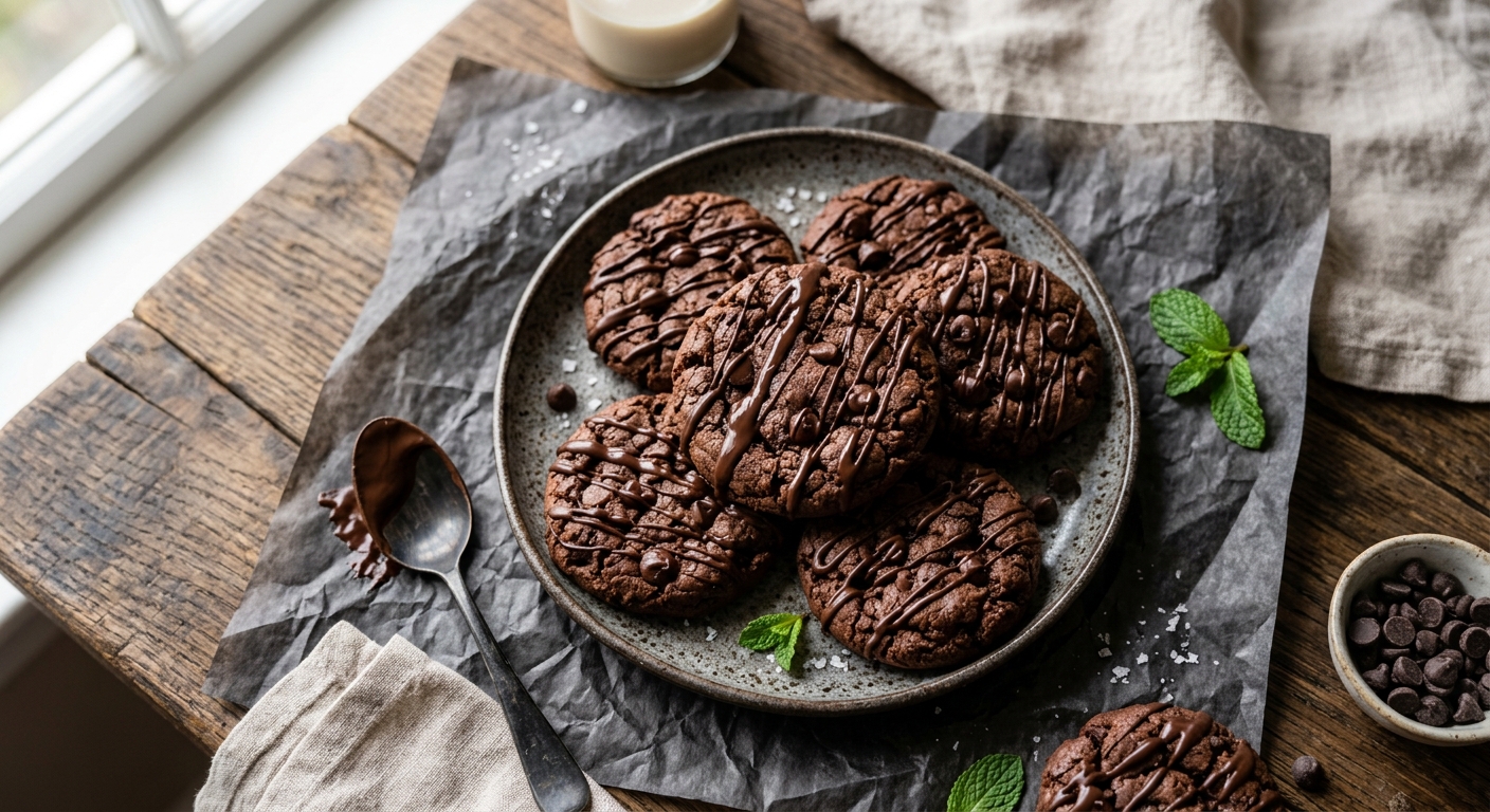 Vegan Double Chocolate Chip Cookies with Baked-On Chocolate Drizzle