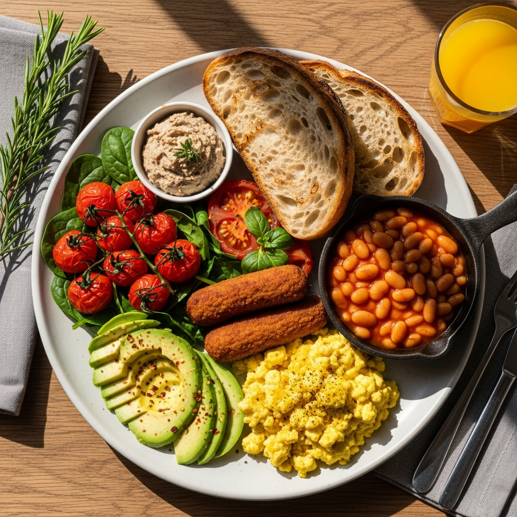 Vegan English Breakfast with Oven-Dried Tomatoes