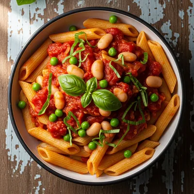 Home-Style Vegan Penne with Tomato, Peas, and Cannellini Beans