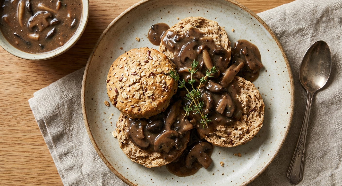Nine Grain Biscuits and Wild Mushroom Gravy
