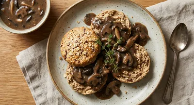 Nine Grain Biscuits and Wild Mushroom Gravy