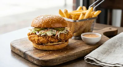 Crispy Vegan Fried Chicken Sandwich with French Fries