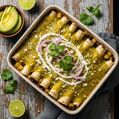 Vegan Enchiladas con Papas y Frijoles en Salsa Verde