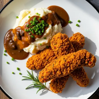 Vegan Fried 'Chicken' (Seitan) with Mashed Potatoes and Gravy