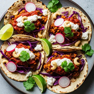Vegan Tacos with Cashew Cheese and Spiced Tomato Sauce