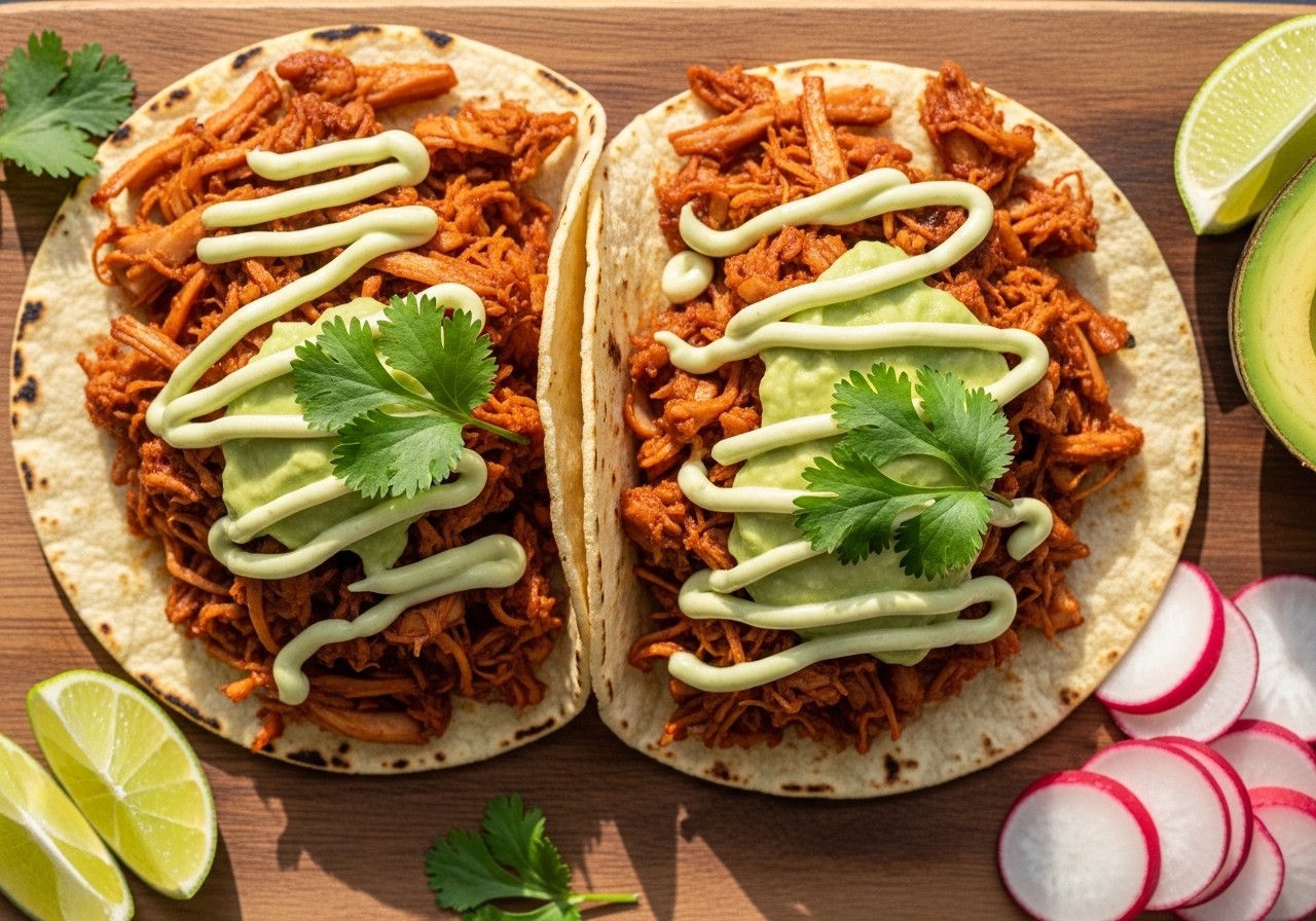 Spicy Jackfruit Carnitas Tacos with Avocado Crema