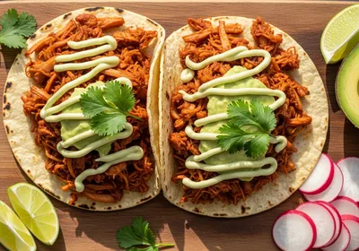 Spicy Jackfruit Carnitas Tacos with Avocado Crema