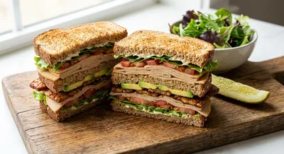Ultimate Vegan Turkey Bacon Club Sandwich