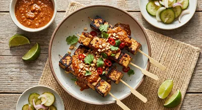 Grilled Tofu Satay Skewers with Spicy Peanut Sauce