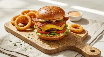 Ultimate Vegan Bacon Cheeseburger with Crispy Onion Rings
