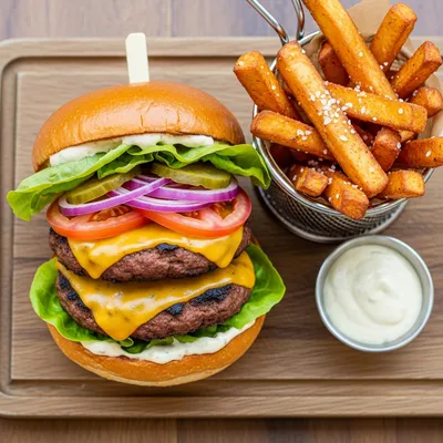 Vegan Double Double Veggie Burger with Yam Fries